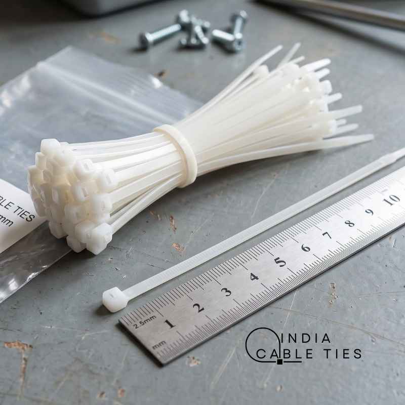 Bunch of white cable ties on a metal surface with a ruler and &